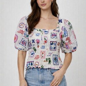 Monteau‎ Los Angeles Smocked Puff Sleeve Top Size XL